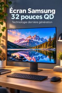 Unboxing du moniteur Samsung M9 32 pouces 4K QD-OLED sur un bureau moderne.