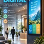 Un écran de digital signage dans un bureau moderne, affichant des informations claires et engageantes pour les employés.