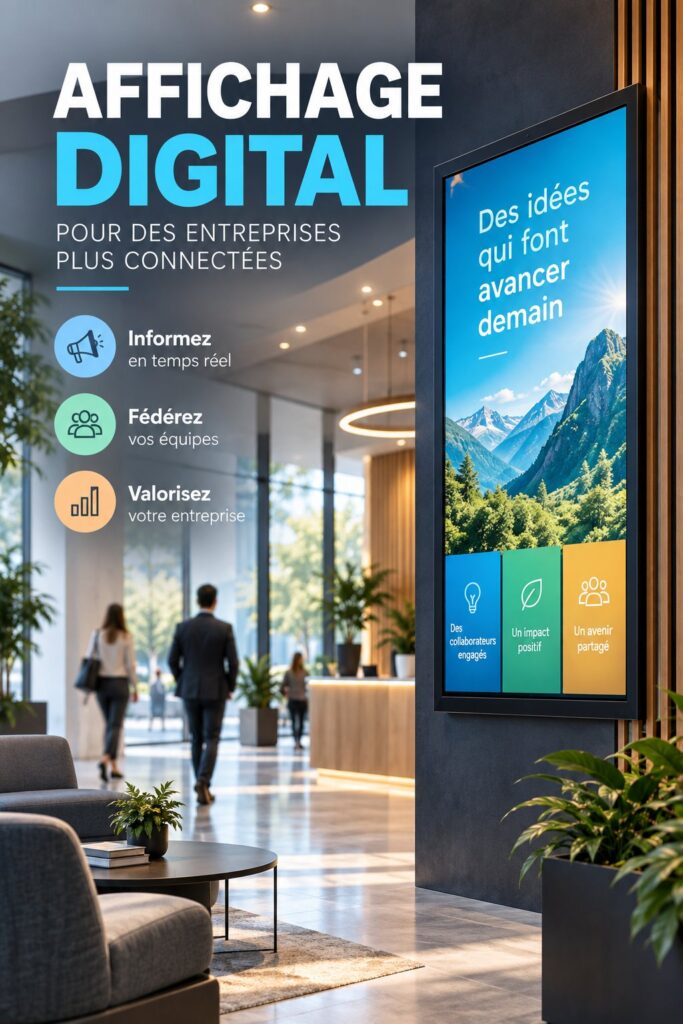 Un écran de digital signage dans un bureau moderne, affichant des informations claires et engageantes pour les employés.