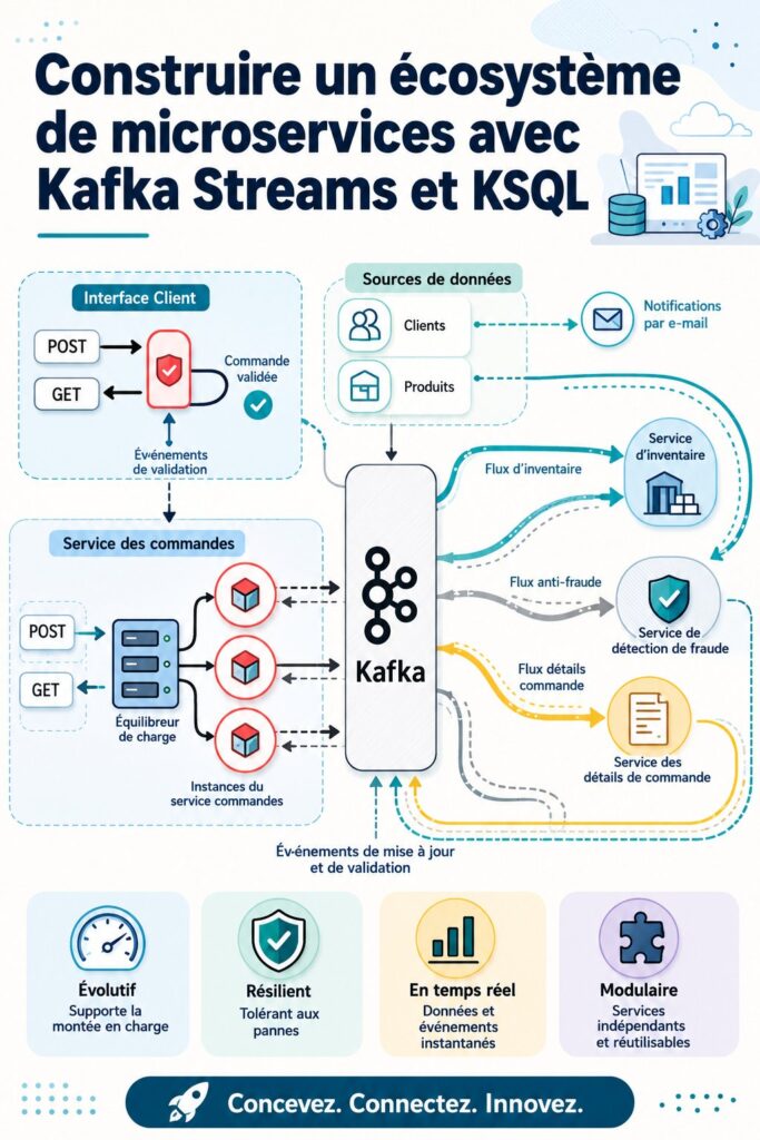 Image illustrant un écosystème de microservices avec Kafka Streams, mettant en avant la productivité et l'innovation technologique.