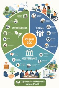 Illustration représentant des éléments de la gouvernance environnementale et sociale au sein d'une entreprise moderne.