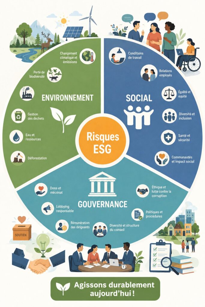 Illustration représentant des éléments de la gouvernance environnementale et sociale au sein d'une entreprise moderne.