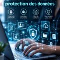 Une femme utilisant un ordinateur portable avec des symboles de sécurité des données à l'écran.