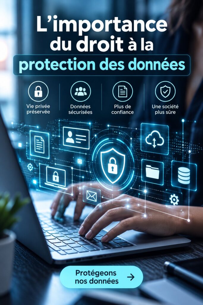 Une femme utilisant un ordinateur portable avec des symboles de sécurité des données à l'écran.