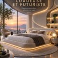 Image de meubles de chambre à coucher futuristes en verre et métal, créant un espace luxueux et moderne.