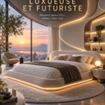Image de meubles de chambre à coucher futuristes en verre et métal, créant un espace luxueux et moderne.
