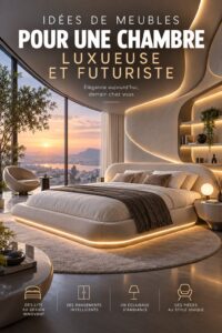 Image de meubles de chambre à coucher futuristes en verre et métal, créant un espace luxueux et moderne.