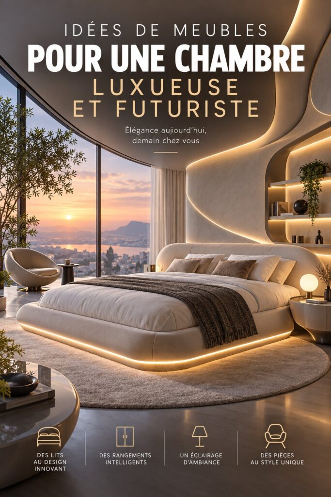 Image de meubles de chambre à coucher futuristes en verre et métal, créant un espace luxueux et moderne.