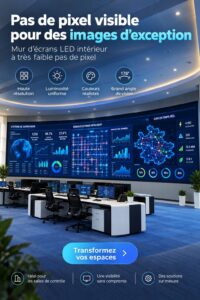 Mur vidéo intérieur LED avec un micro pixel pitch affichant des graphiques colorés et nets.