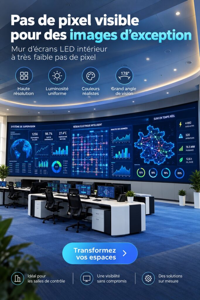 Mur vidéo intérieur LED avec un micro pixel pitch affichant des graphiques colorés et nets.