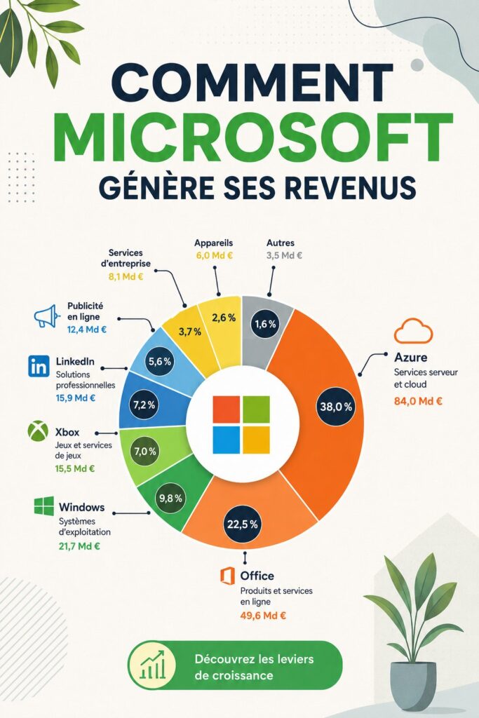 Représentation graphique des différentes sources de revenus de Microsoft, mettant en avant l'IA et le cloud
