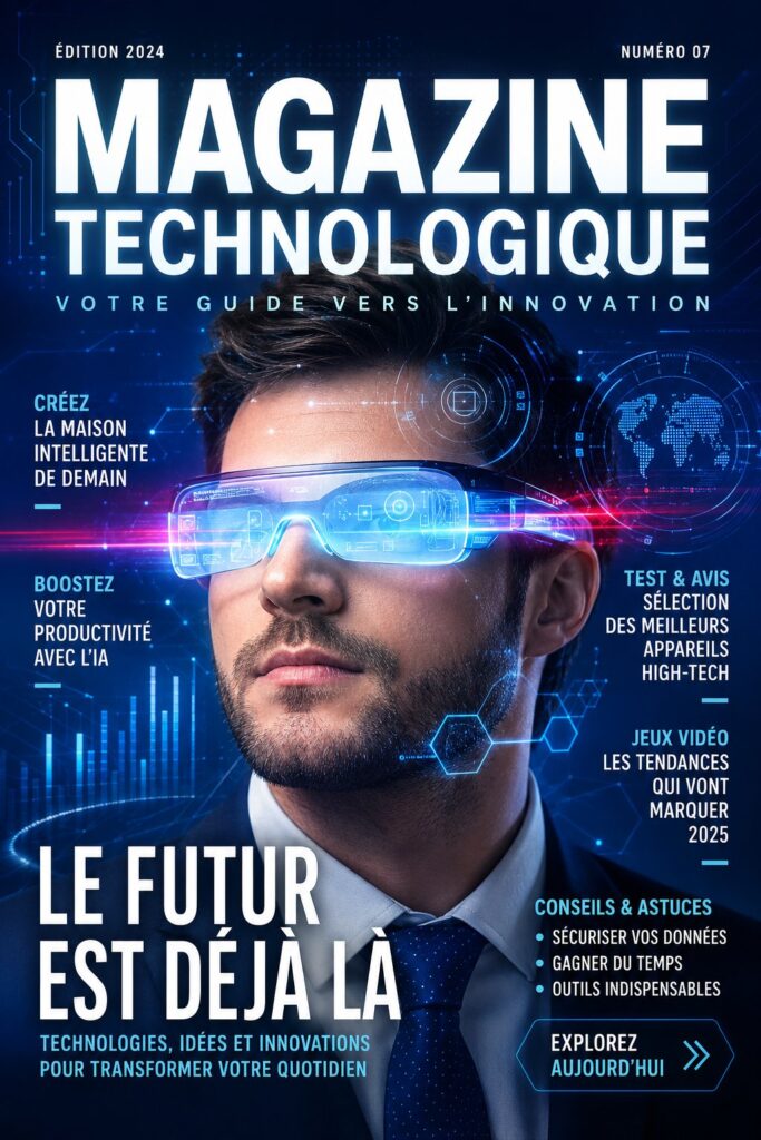 Modèle de couverture de magazine tech conçu sur Canva avec un design attrayant.