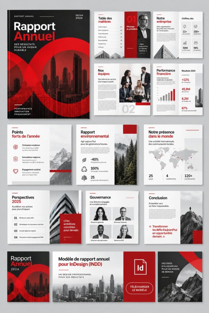 Visualisation d'un modèle de rapport annuel sur InDesign, avec des éléments graphiques élégants.