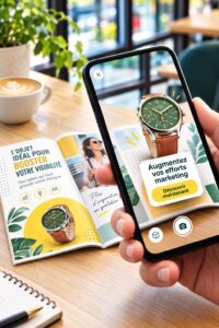 Femme utilisant un ordinateur avec des graphiques marketing et des éléments d'intelligence artificielle