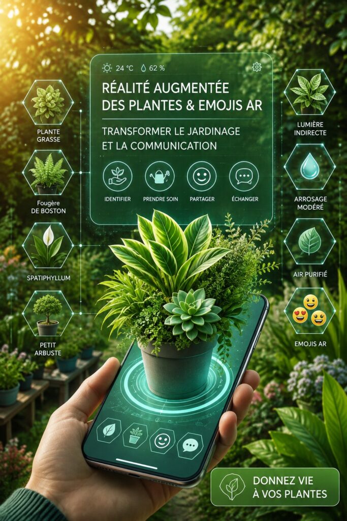 Image montrant un jardin animé par la réalité augmentée, avec des éléments visuels interactifs.