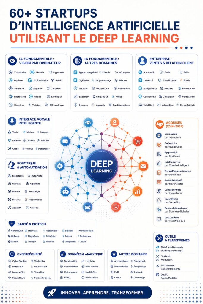 Collage de logos de startups d'intelligence artificielle innovantes utilisant le deep learning.