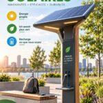 Une station de recharge solaire moderne dans un parc urbain, illustrant l'usage innovant de l'énergie renouvelable.