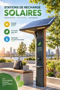 Une station de recharge solaire moderne dans un parc urbain, illustrant l'usage innovant de l'énergie renouvelable.