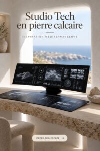 Un studio tech méditerranéen lumineux et inspirant avec des éléments modernes.