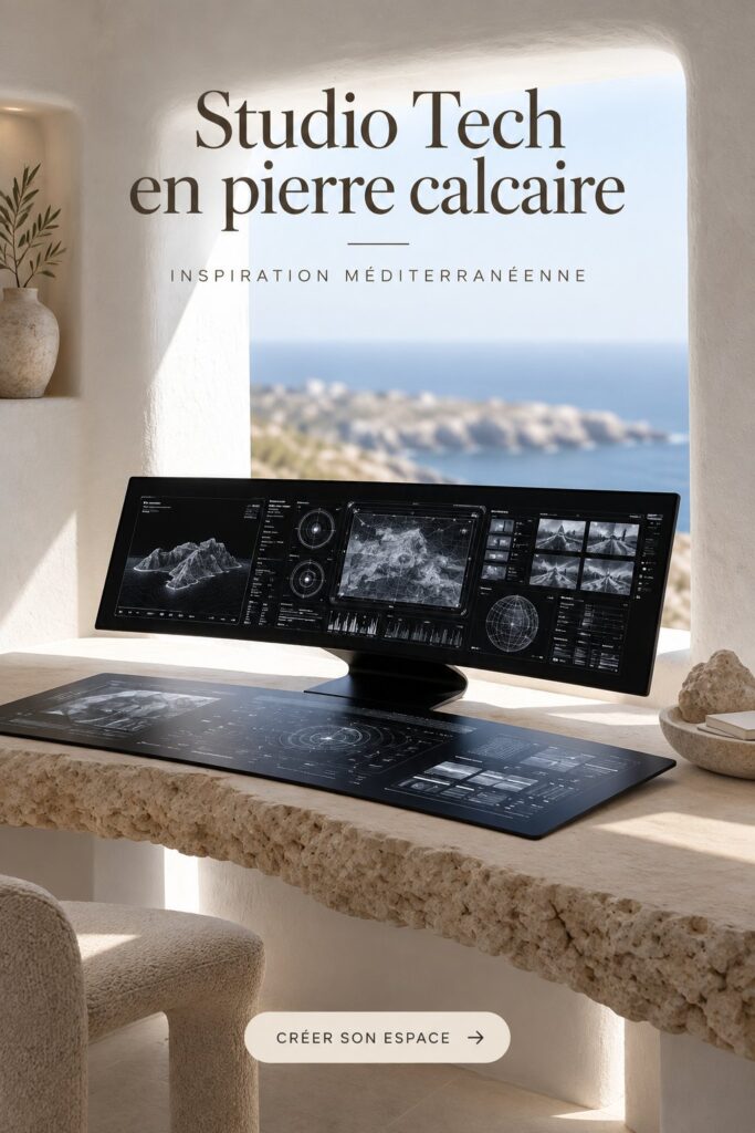 Un studio tech méditerranéen lumineux et inspirant avec des éléments modernes.