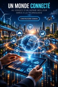 Femme utilisant une technologie connectée pour faciliter son quotidien, entourée d'outils numériques modernes.