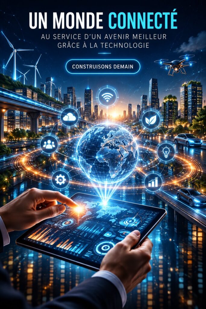 Femme utilisant une technologie connectée pour faciliter son quotidien, entourée d'outils numériques modernes.