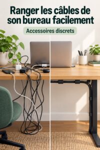 Bureau organisé avec des accessoires cachant les câbles sous le bureau