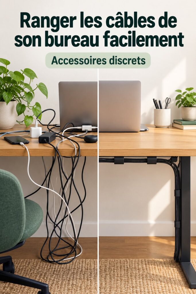 Bureau organisé avec des accessoires cachant les câbles sous le bureau