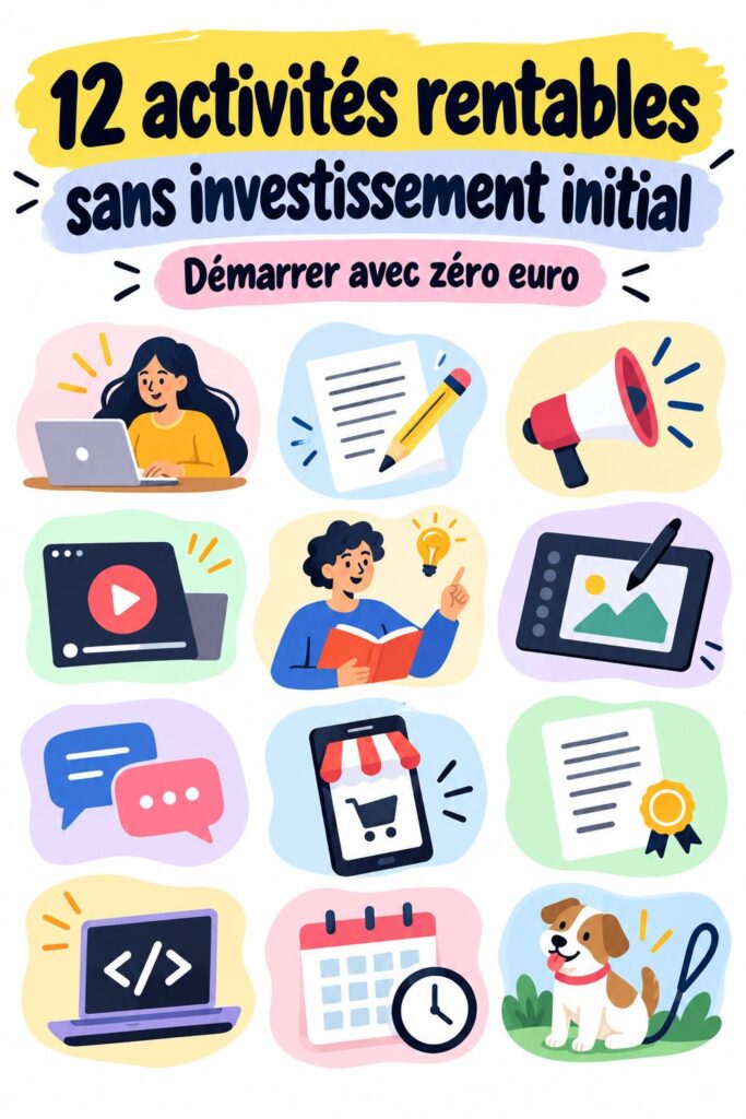 Illustration d'activités rentables sans investissement initial, montrant des femmes en train de travailler sur leurs projets.