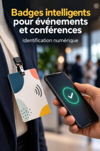 Badge intelligent utilisé lors d'une conférence, illustrant innovation et accessibilité
