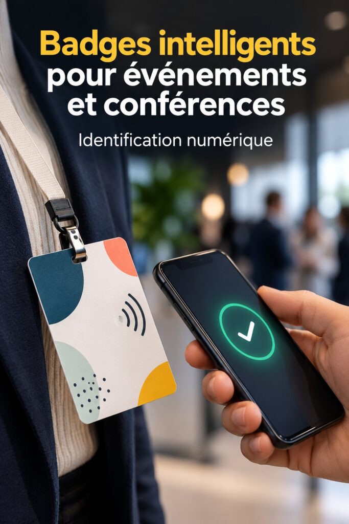 Badge intelligent utilisé lors d'une conférence, illustrant innovation et accessibilité
