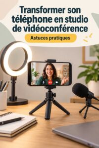 Femme utilisant son smartphone pour une visioconférence, avec un fond de bureau élégant.