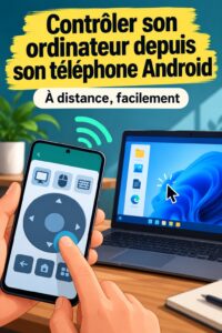 Femme utilisant son téléphone Android pour contrôler son PC à distance.