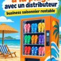 Distributeur automatique de tongs sur une plage ensoleillée, offrant un accès facile aux vacanciers.