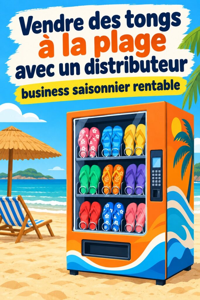 Distributeur automatique de tongs sur une plage ensoleillée, offrant un accès facile aux vacanciers.
