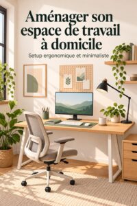 Bureau à domicile ergonomique avec chaise confortable et espace bien organisé.