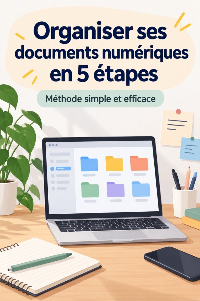 Système de classement numérique sur un ordinateur portable avec des dossiers organisés.