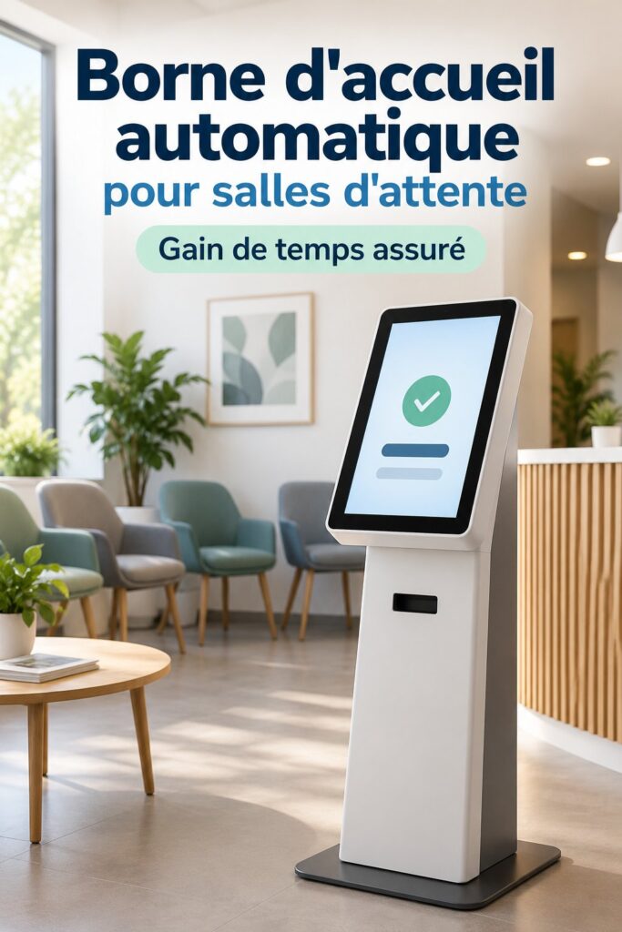 Kiosque de check-in intelligent dans une salle d'attente moderne.