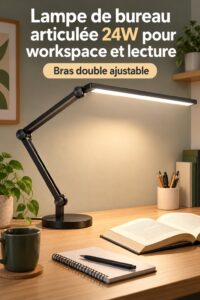 Lampe de bureau LED double tête sur un bureau moderne, idéale pour le travail