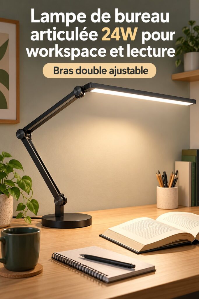 Lampe de bureau LED double tête sur un bureau moderne, idéale pour le travail
