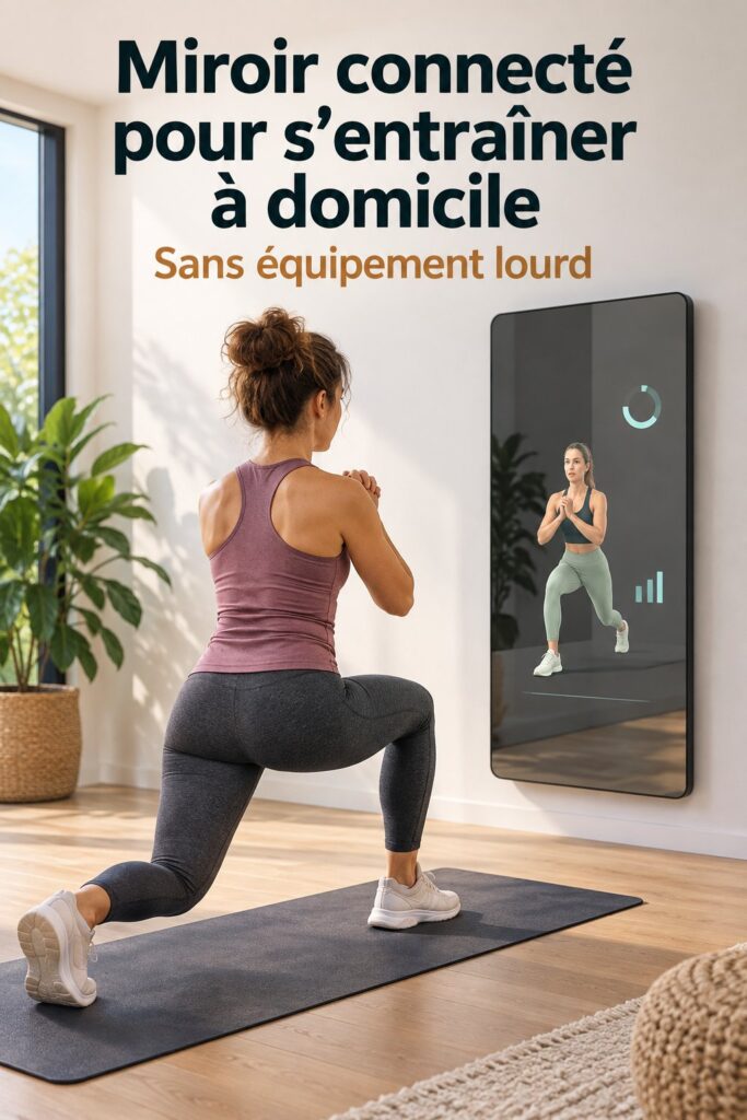 Miroir connecté dans un salon moderne pour des séances de sport à domicile.