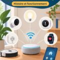 Un collage d'objets connectés modernes comme des montres, des thermostats et des assistants vocaux.