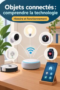Un collage d'objets connectés modernes comme des montres, des thermostats et des assistants vocaux.