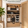 Un intérieur moderne avec des racks intelligents organisant des appareils technologiques.