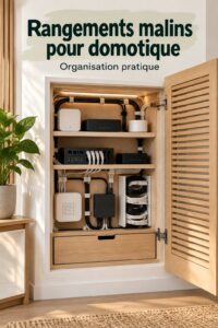 Un intérieur moderne avec des racks intelligents organisant des appareils technologiques.