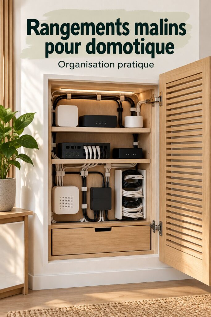 Un intérieur moderne avec des racks intelligents organisant des appareils technologiques.