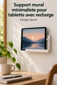Support mural minimaliste pour tablette avec chargeur intégré dans un intérieur moderne.