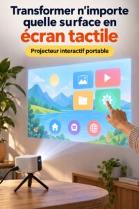 TouchPico transformant une surface ordinaire en écran interactif de 80" dans un bureau moderne.