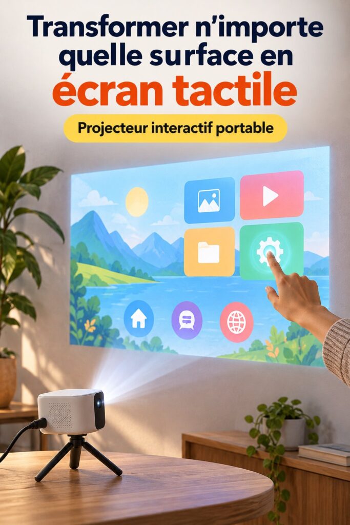 TouchPico transformant une surface ordinaire en écran interactif de 80" dans un bureau moderne.